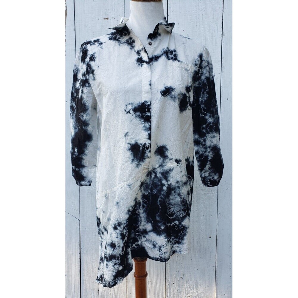 XCVI Women White Tie Dye Collared Half Button 3/4 Sleeve Cotton Blend Tunic Sz L - Picture 2 of 10